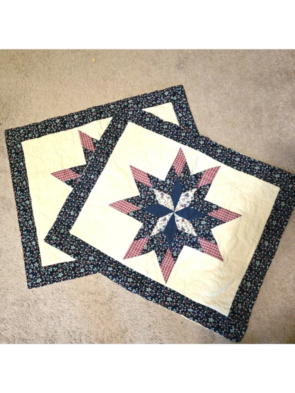 Vintage Arch Quilt 8 Point Star FULL QUEEN 84x84 Blue Floral Patchwork w. Shams
